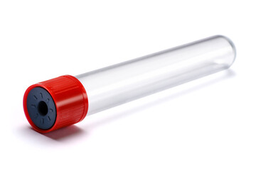Test tube with red plug isolated on white background
