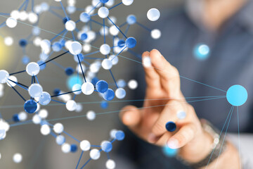 Abstract futuristic - Molecules technology with polygonal shapes on dark blue background.