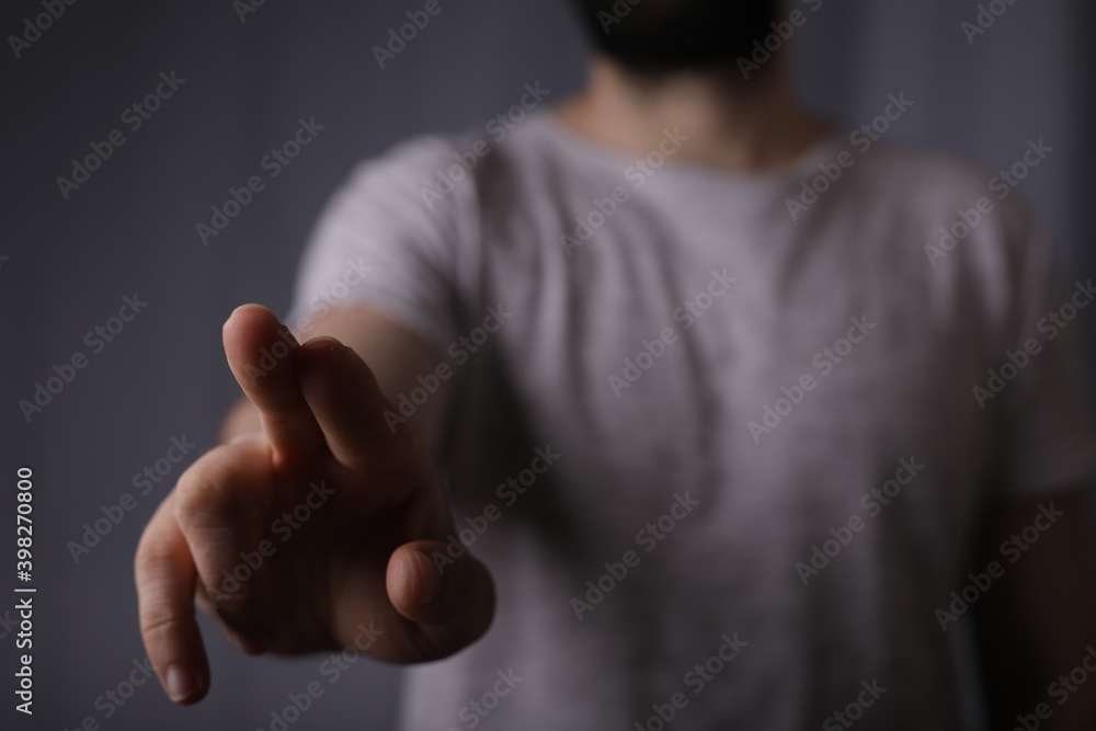 Poster man finger pointing touch pressing