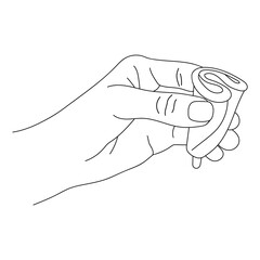 Illustration of a hand holding a menstrual Cup. Eco friendly option for replacing pads and tampons. An environmentally friendly alternative. Feminine hygiene. Black and white drawing in linear style