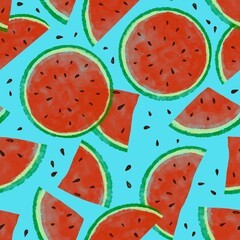 Fresh green red watermelon on turquoise blue background seamless surface pattern hand drawn in digital watercolor. Whole, half, slice cut, seeds
