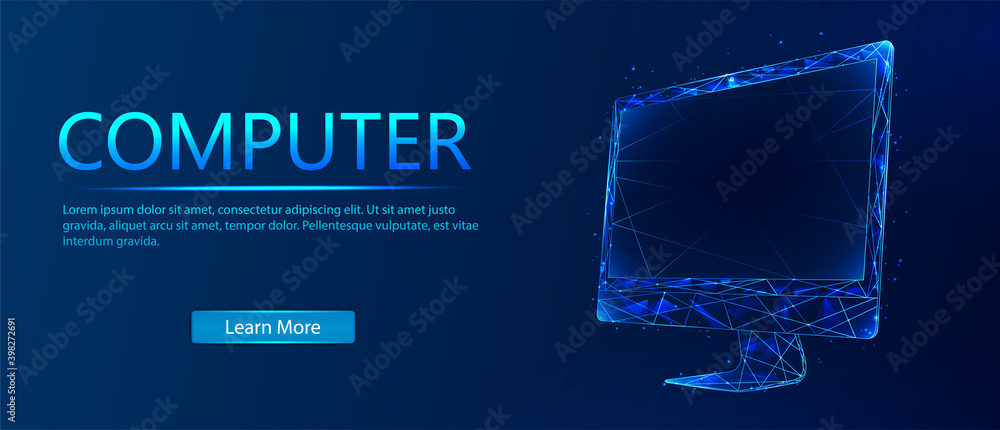 Poster a computer consisting of polygons. computer in a futuristic polygonal style with a skeleton, low-pol