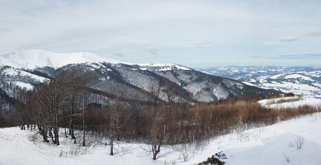 Beautiful natural landscape with mountains and bare trees covered with snow..Ski resort in winter season, Active recreation in the mountains. Isolation concept during quarantine.