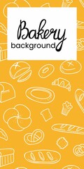 Bread vertical background. Bakery doodle products, baguette, croissant and bagel. Cartoon white elements on yellow, advertising poster, flyer or banner with copy space vector doodle brochure