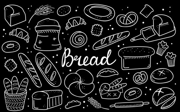 Bread doodle set. Bakery products, hand drawn baguette, croissant and bagel, line pastry cake and donut. Vector cartoon black and white chalk board icons collection. Illustration for menu, design