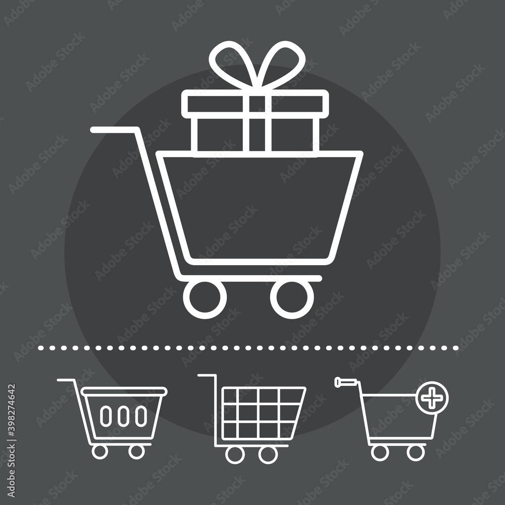 Poster bundle of four shopping carts line style icons in gray background