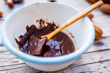 Bitter chocolate heated in a saucepan.
