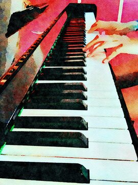 Digital watercolor style of two hands playing on an acoustic piano