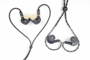 In-ear headphones for Hi-Fi music player. Audio sound and modern equipment for music lovers and...