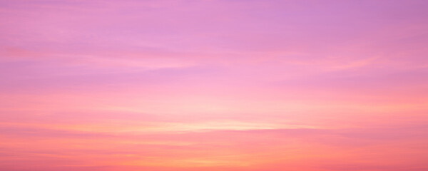 Panorama of twilight pink sky in soft clouds in the sunset with pastel background and backdrop