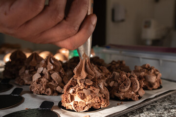 Preparing Creamy Chocolate Desserts in the bakery 