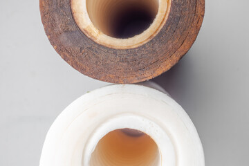 Water filter cartridge white new and used with rusty, reverse osmosis system