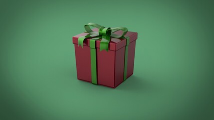 New Year and Christmas red cherry gift box with green ribbon on soft green background 3d render illustration