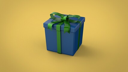 New Year and Christmas blue gift box with green ribbon on yellow background 3d render illustration