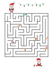Educational maze game for kids. Help Santa find right way, collect all gingerbreads and sweets. Funny cartoon characters. Christmas worksheet.