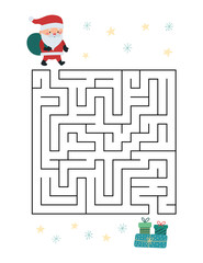 Christmas maze game for children. Help Santa find way to presents. Vector cartoon character. Winter holiday printable worksheet.