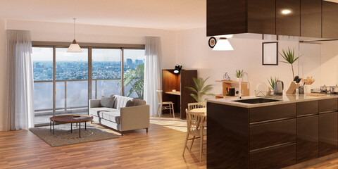 リモートワークスペースのあるリビングインテリア / SOHO・在宅勤務の3Dレンダリンググラフィックス