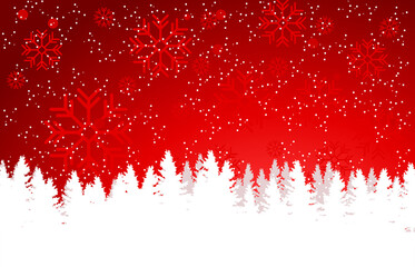 Snowing on Pine trees ,Red Christmas Background with Snowflakes illustration vecter.