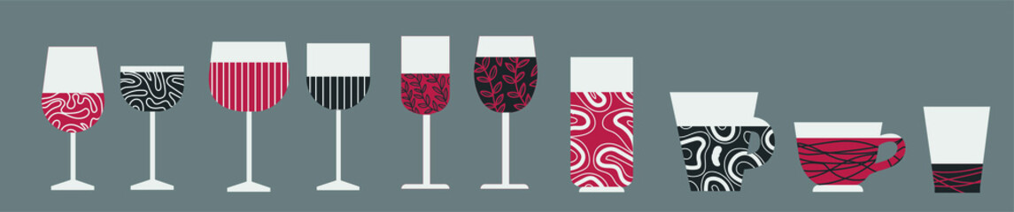vector set of wineglasses and cups with abstract content