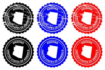 Arizona - rubber stamp - vector, Arizona (United States of America) map pattern - sticker - black, blue and red 