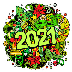 Fototapeta premium 2021 hand drawn doodles illustration. New Year objects and elements poster