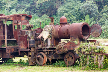 Fototapeta na wymiar Sao Paulo, Brazil: wagon carcasses and steam locomotive in the Paranapiacaba railway station