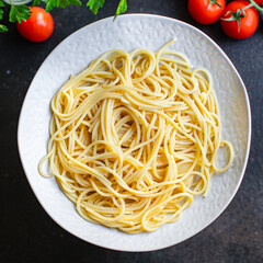spaghetti pasta second course ready to eat on the table meal snack top view copy space for text food background rustic