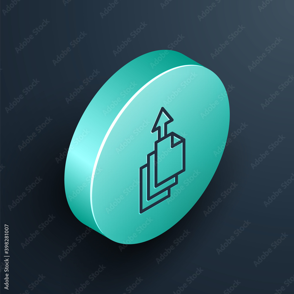 Poster isometric line data export icon isolated on black background. turquoise circle button. vector.