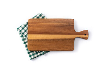 Cutting board mockup and green tablecloth isolated on white background. Top view. Copy space	