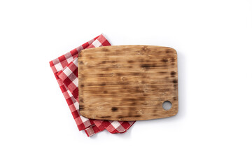 Cutting board mockup and red tablecloth isolated on white background. Top view. 