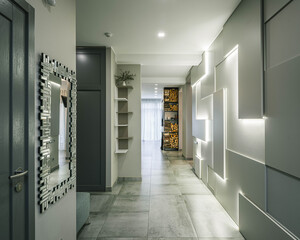 Contemporary light interior of luxury flat. Modern design of wall with lamps. Logs on shelves. Mirror on wall.