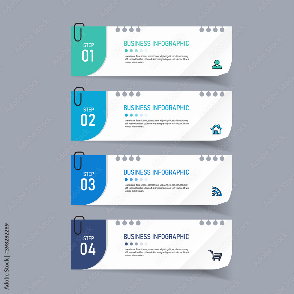 Poster Text box design with note papers. Infographic presentation 4 steps.	

