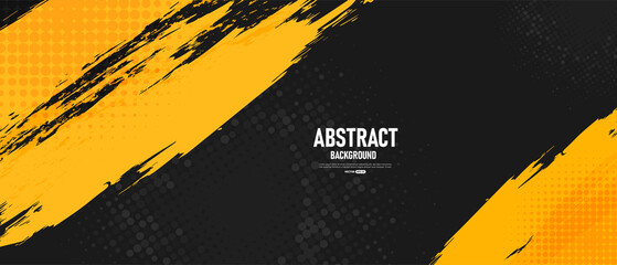 Black and yellow abstract background with brushstroke and halftone style.