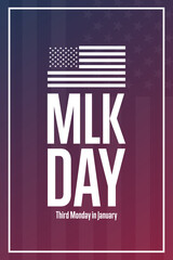 Martin Luther King Jr. Day. MLK. Third Monday in January. Holiday concept. Template for background, banner, card, poster with text inscription. Vector EPS10 illustration. - obrazy, fototapety, plakaty