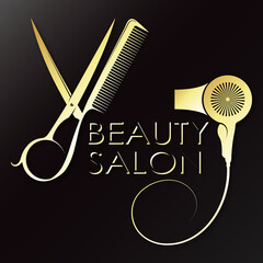 Golden scissors and comb with hairdryer symbol for beauty salon - obrazy, fototapety, plakaty