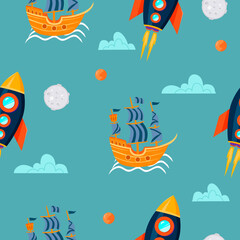 Cartoon pattern. Ship with sails and rocket. Cute, bright, childish pattern. Vector illustration.