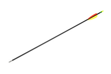 Modern arrow for sport bow isolate on white back. A black arrow with a blunt tip and multicolored plumage.