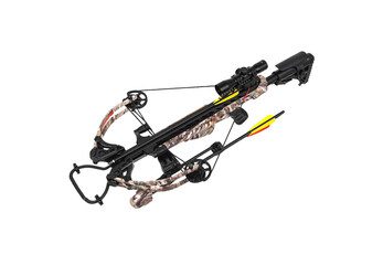 A modern crossbow with a telescopic sight. Silent weapon for hunting and sports isolate on white back.