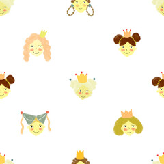 Obraz na płótnie Canvas Cute delicate seamless pattern with little princesses in scandinavian style with texture of natural materials. Creative childish background for fabric, textile