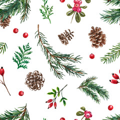 Fototapeta na wymiar Winter evergreen plants and berries seamless pattern. Watercolor forest greenery on white background. Pine tree branches, pine cones. Holiday festive print. Christmas wallpapers.