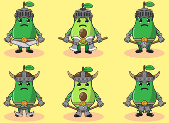 Illustration vector graphic cartoon character of Avocado knight with dual weapon set . Hand down pose set. Cute and funny fruit set vector illustration