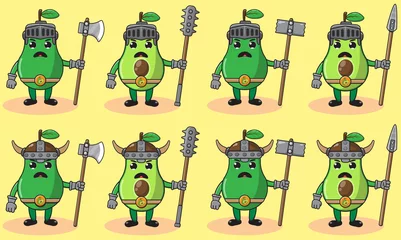 Fotobehang Robot Illustratie vector grafische stripfiguur van schattige Avocado ridder. Leuke en grappige fruitset. Tweehandige wapens en hand-up pose set. Goed voor pictogram, logo, label, sticker, clipart.