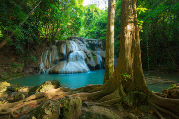 Naklejka premium Waterfalls in the tropical rain forest call is Huay Mae Khamin Waterfall , Kanchanaburi Provice , Thailand