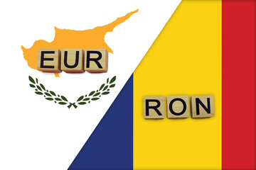 Cyprus and Romania currencies codes on national flags background