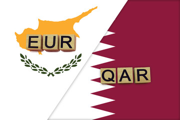 Cyprus and Qatar currencies codes on national flags background