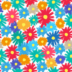Beautiful bright colorful multicolored flowers isolated on white background. Cute floral seamless pattern. Vector flat graphic hand drawn illustration. Texture.