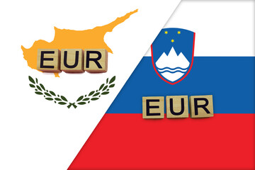 Cyprus and Slovenia currencies codes on national flags background