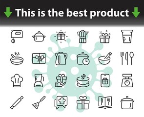 Set of icons for cooking and kitchen, vector lines, contains icons such as a knife, saucepan, boiling time, mixer, scales, recipe book. Editable stroke, perfect 480x480 pixels, white background