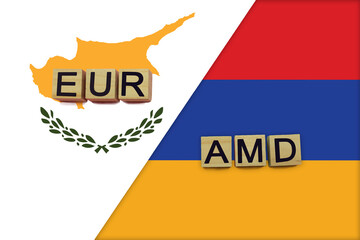 Cyprus and Armenia currencies codes on national flags background