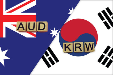 Australia and South Korea currencies codes on national flags background